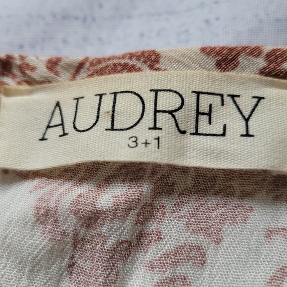 Audrey 3 + 1 Size S Cream Brown Fleur de Lis Print Shift Dress Boho Retro - Picture 6 of 7